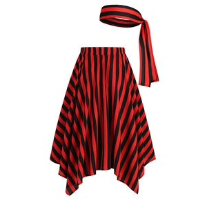 Costume pirate femme avec jupe à rayures rouge noir à ourlet irrégulier et foulard