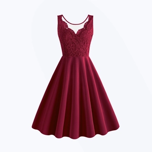 Elegant wine red V-neck sleeveless lace dress with pleated A-line skirt for parties