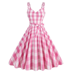 Women Vintage Pink Gingham Plaid Dress Sweetheart Neckline Spaghetti Strap A-Line Midi Party Dress With Bow Belt Retro Style