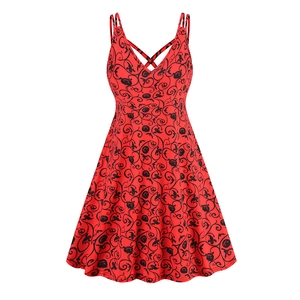 Women Halloween V Neck Sling A-Line Dress Gothic Pumpkin Bat Skull Ghost Print Sleeveless Cross Strap Party Dress