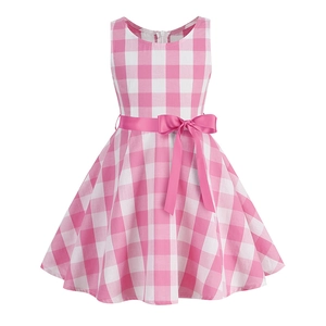 Robe de Princesse Vintage à Carreaux Gingham Sans Manches pour Fille Avec Nœud à la Taille Robe de Fête Été Ligne A