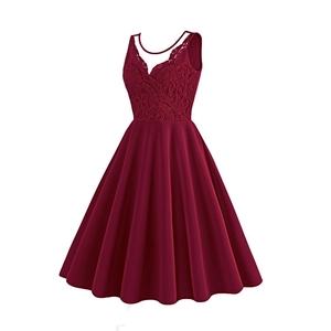 Detail of burgundy V-neck lace bodice and pleated sleeveless A-line cocktail dress