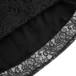 Detailed macro view of black floral eyelash lace fabric and smooth inner lining fabric