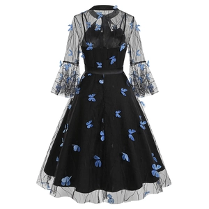 Back view of gothic black mesh dress with blue butterfly embroidery appliqués