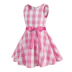 Robe sans manches pour filles à carreaux rose et blanc avec ceinture à nœud en satin