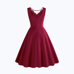 Detail of burgundy V-back dress showing delicate lace trim and hidden zipper closure