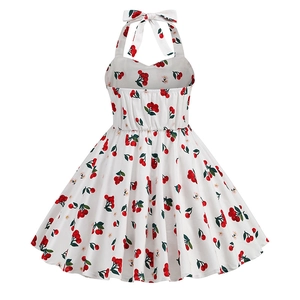 Detail of girls' halter neck cherry print dress with back elastic and bow knot