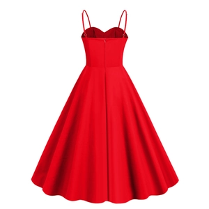 Detailed back view of a red 1950s vintage dress with a high-waisted A-line flared skirt