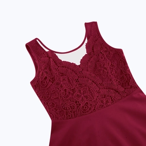 Close-up of intricate floral lace detailing on the V-neckline of a wine red sleeveless dress