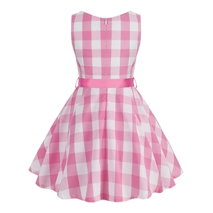 Robe sans manches à carreaux vichy rose et blanc pour filles avec ceinture en satin rose