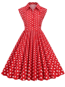 Detail of red 1950s vintage polka dot dress with lapel collar and decorative buttons