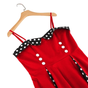 Detail of red vintage rockabilly dress featuring polka dot lapel and white decorative buttons