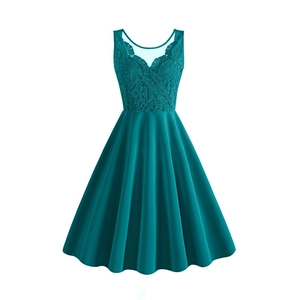 Elegant teal lace sleeveless A-line dress with mesh V-neck and flowing pleated skirt
