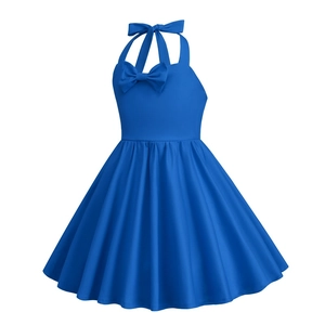 Detail of blue halter dress for girls featuring prominent bows and elegant pleats