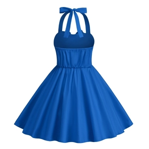 Detail of the royal blue halter neck dress back with a large bow and elastic waist