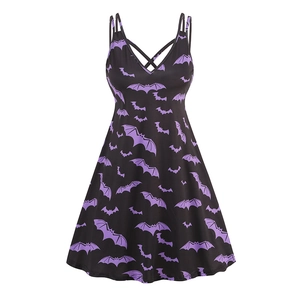 Gothic V-neck sleeveless Halloween dress with purple bat print and lace-up chest detail