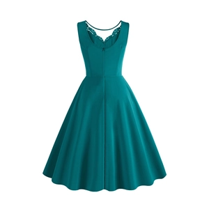 Detailed back view of dark green sleeveless A-line dress with lace V-neckline