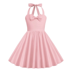 Detail of pink vintage halter neck dress with bow tie collar and pleated A-line skirt