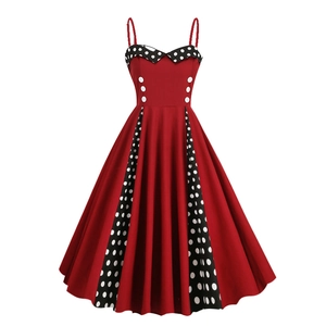 Close-up of 1950s retro dress detailing with black polka dot trim and white buttons