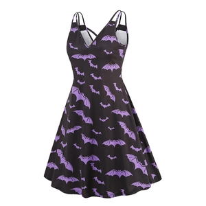Close-up of deep V-neck and thin double straps on the black bat print Halloween dress