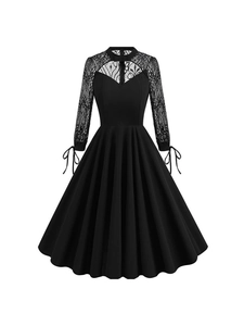Women Retro Hepburn Style Lace Splicing A-Line Dress Sexy Hollow Out Backless Long Sleeve Midi Party Dress For Banquet