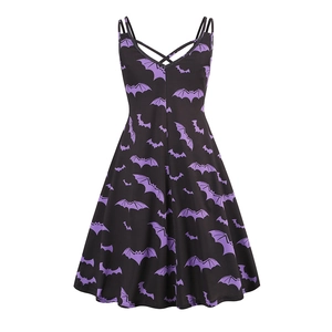 Detail of V-neck Halloween dress featuring purple bat print and lace-up chest design