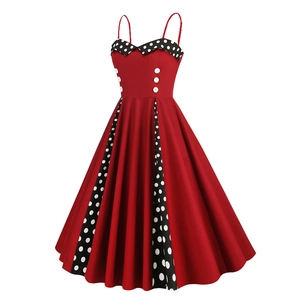Detail of 50s vintage sundress with red fabric, polka dot panels and white buttons