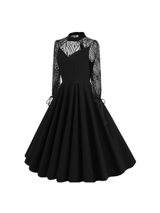 Elegant black lace patchwork Hepburn style dress with long sleeves and open back design