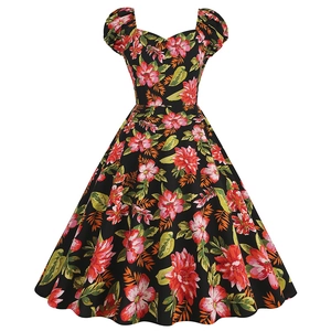 Vintage Floral Print Puff Sleeve A-Line Dress For Women Hepburn Style Elegant Heart Neck Party Swing Midi Dress