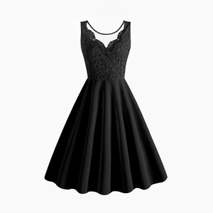 Elegant black sleeveless V-neck dress with intricate lace detailing and A-line pleated skirt