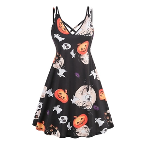Gothic Halloween V-neck sleeveless dress with pumpkin, ghost, and skull all-over print