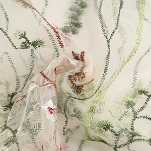 Detail of vintage floral embroidery on mesh tulle fabric for gothic evening dress