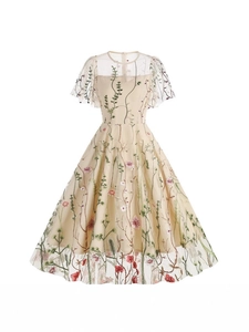 Women Vintage Floral Embroidery Mesh A-Line Midi Dress Round Neck Short Flutter Sleeve Elegant Party Evening Cocktail Dress