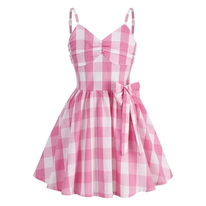 Girls Pink Gingham Plaid Sundress Vintage Sleeveless A-Line Princess Dress With Bow For Summer Party Every Day