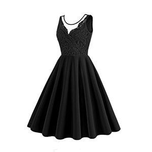 Detail view of the V-neck lace patchwork and elegant sleeveless vintage black dress