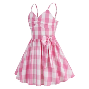 Pink and white gingham summer dress with thin straps and a large decorative bow