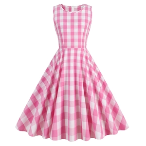 Robe Midi Trapèze sans Manches Vichy Vintage à Col Rond Rose Style Hepburn Rétro Plaid Robe d'Été pour Femmes