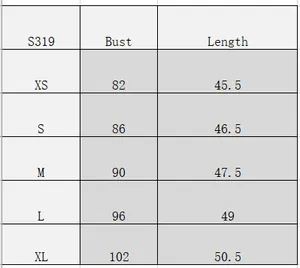 Size chart for women's V-neck camisole S319 showing bust and length metrics in XS-XL
