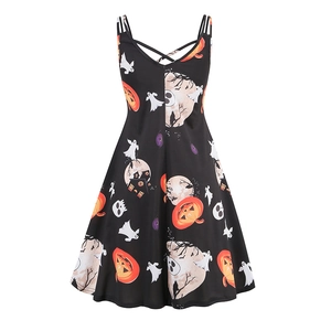 Detail view of Halloween V-neck dress featuring pumpkin and ghost prints on black fabric