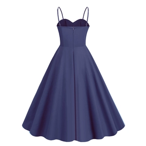 Detail of vintage navy blue A-line dress featuring thin straps and sweetheart neckline