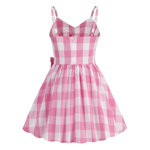 Pink and white gingham girl dress with shoulder straps and back bow detail