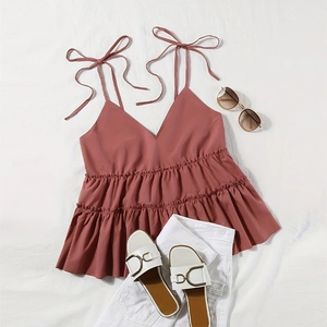 Women V Neck Tiered Ruffle Camisole Tank Top Bow Tie Straps Sleeveless Solid Color Casual Loose Summer Top