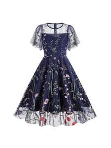 Elegant navy blue round neck dress with floral embroidery and mesh ruffle sleeves
