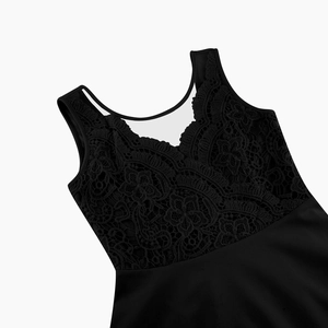 Detailed view of elegant black lace embroidery and V-neckline on a sleeveless dress