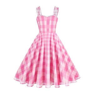 Abito a Canotta Gingham Rosa Vintage da Donna Stile Hepburn con Pizzo Linea A Swing Estivo Senza Maniche Lunghezza Media