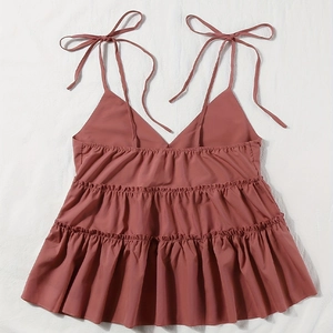 Summer V-neck dusty pink camisole with tiered ruffle hem and tie-shoulder straps