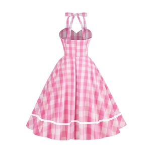 Vintage halter pink gingham dress with backless bow tie and white ribbon A-line hem