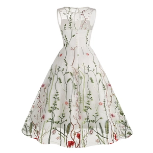 Close-up of invisible zipper and button closure on embroidered floral mesh dress