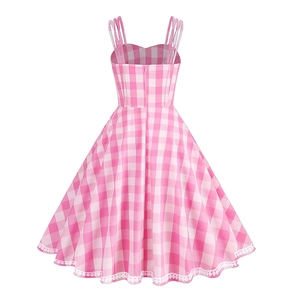 Abito a trapezio a quadretti rosa con spalline sottili e pizzo, vista posteriore