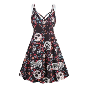 Gothic V-neck pumpkin and skull floral Halloween A-line sleeveless sundress for women